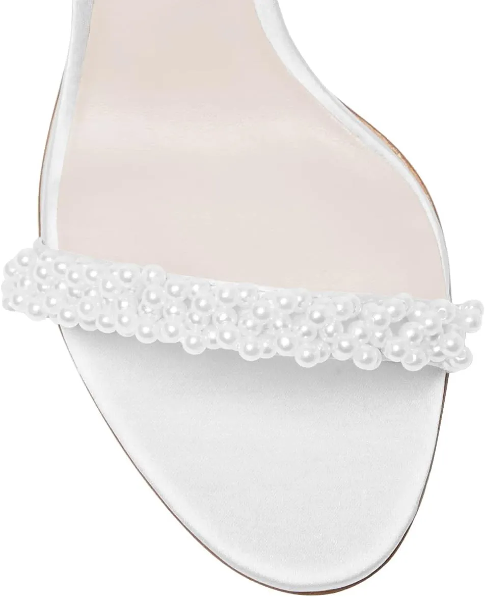 FOWT Women Round Open Toe Sandals Ankle Strap Chunky Block Mid Heels Pearl Studded Wedding Evening Prom Shoes Size 4-16 US