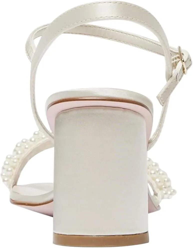 FOWT Women Round Open Toe Sandals Ankle Strap Chunky Block Mid Heels Pearl Studded Wedding Evening Prom Shoes Size 4-16 US