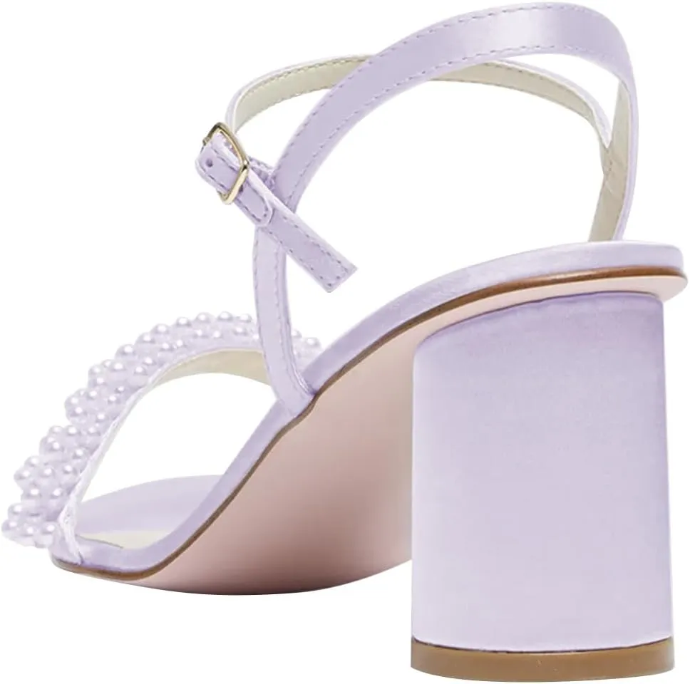 FOWT Women Round Open Toe Sandals Ankle Strap Chunky Block Mid Heels Pearl Studded Wedding Evening Prom Shoes Size 4-16 US