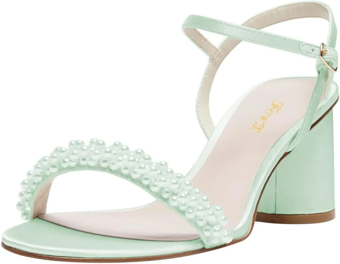 FOWT Women Round Open Toe Sandals Ankle Strap Chunky Block Mid Heels Pearl Studded Wedding Evening Prom Shoes Size 4-16 US