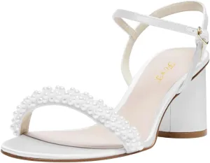 FOWT Women Round Open Toe Sandals Ankle Strap Chunky Block Mid Heels Pearl Studded Wedding Evening Prom Shoes Size 4-16 US