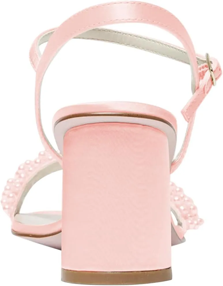 FOWT Women Round Open Toe Sandals Ankle Strap Chunky Block Mid Heels Pearl Studded Wedding Evening Prom Shoes Size 4-16 US