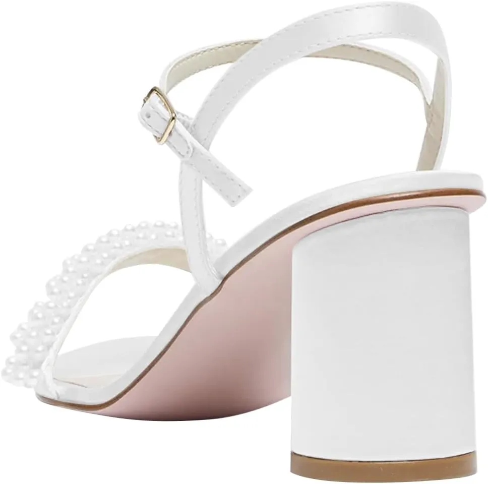 FOWT Women Round Open Toe Sandals Ankle Strap Chunky Block Mid Heels Pearl Studded Wedding Evening Prom Shoes Size 4-16 US