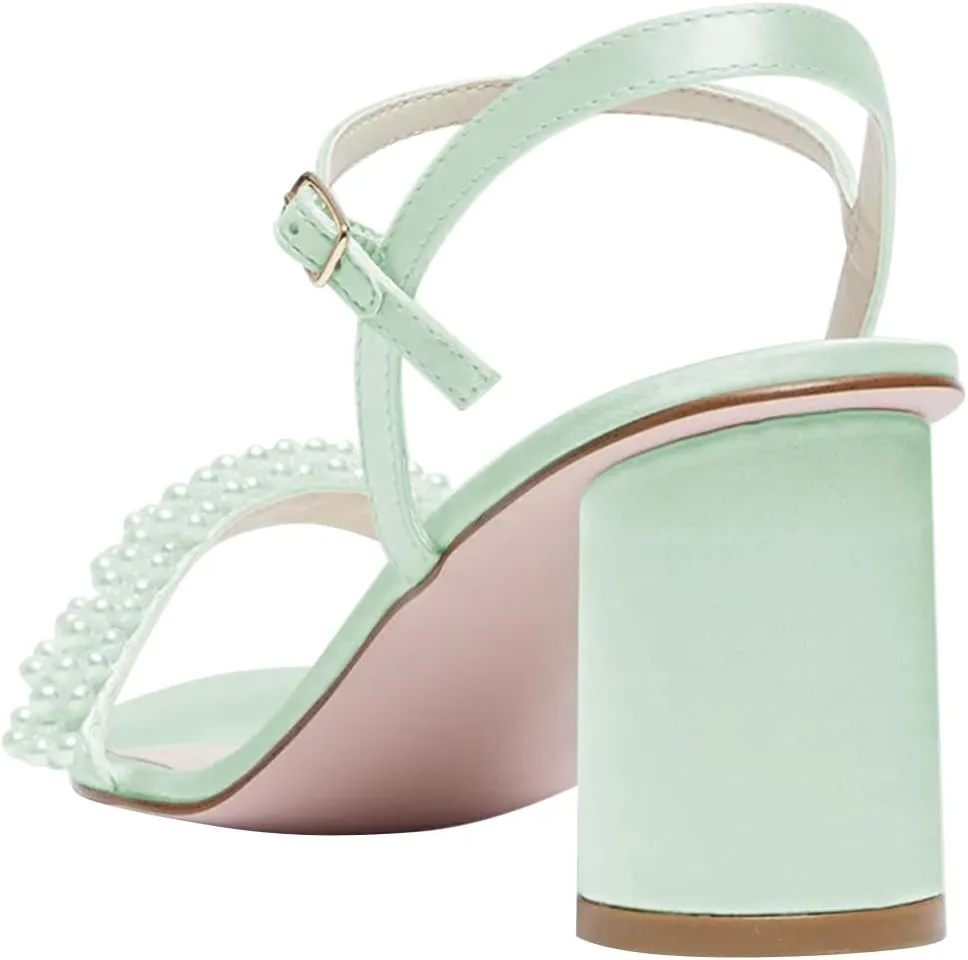 FOWT Women Round Open Toe Sandals Ankle Strap Chunky Block Mid Heels Pearl Studded Wedding Evening Prom Shoes Size 4-16 US