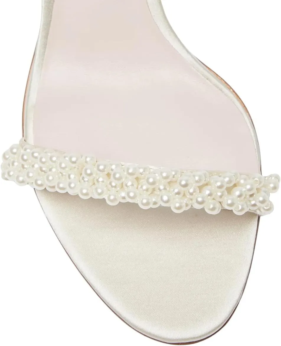 FOWT Women Round Open Toe Sandals Ankle Strap Chunky Block Mid Heels Pearl Studded Wedding Evening Prom Shoes Size 4-16 US