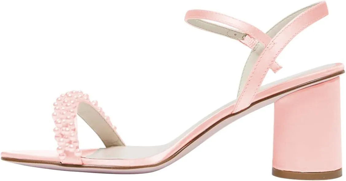 FOWT Women Round Open Toe Sandals Ankle Strap Chunky Block Mid Heels Pearl Studded Wedding Evening Prom Shoes Size 4-16 US