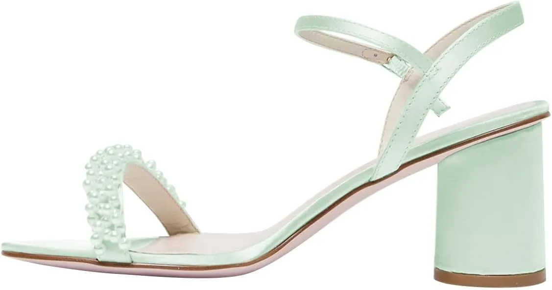 FOWT Women Round Open Toe Sandals Ankle Strap Chunky Block Mid Heels Pearl Studded Wedding Evening Prom Shoes Size 4-16 US