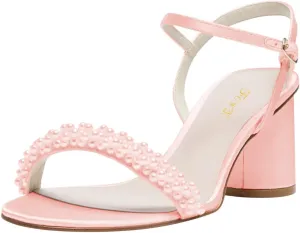 FOWT Women Round Open Toe Sandals Ankle Strap Chunky Block Mid Heels Pearl Studded Wedding Evening Prom Shoes Size 4-16 US