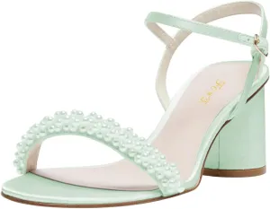 FOWT Women Round Open Toe Sandals Ankle Strap Chunky Block Mid Heels Pearl Studded Wedding Evening Prom Shoes Size 4-16 US
