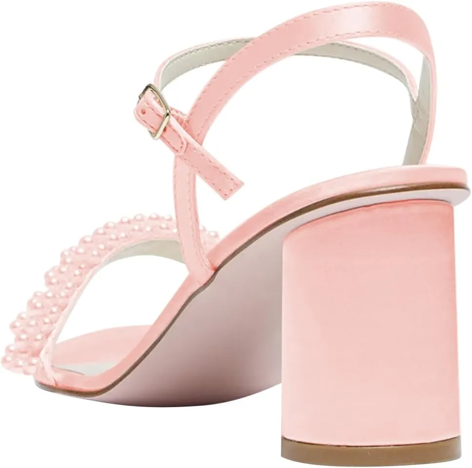 FOWT Women Round Open Toe Sandals Ankle Strap Chunky Block Mid Heels Pearl Studded Wedding Evening Prom Shoes Size 4-16 US