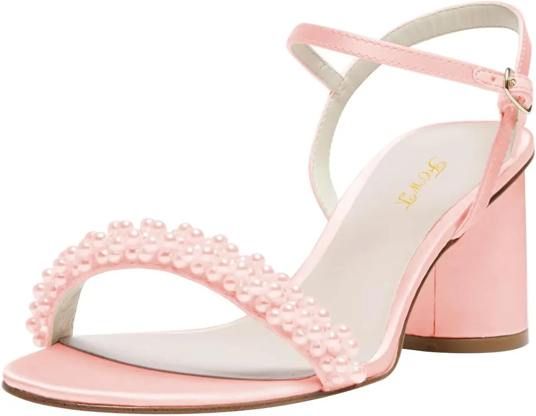 FOWT Women Round Open Toe Sandals Ankle Strap Chunky Block Mid Heels Pearl Studded Wedding Evening Prom Shoes Size 4-16 US