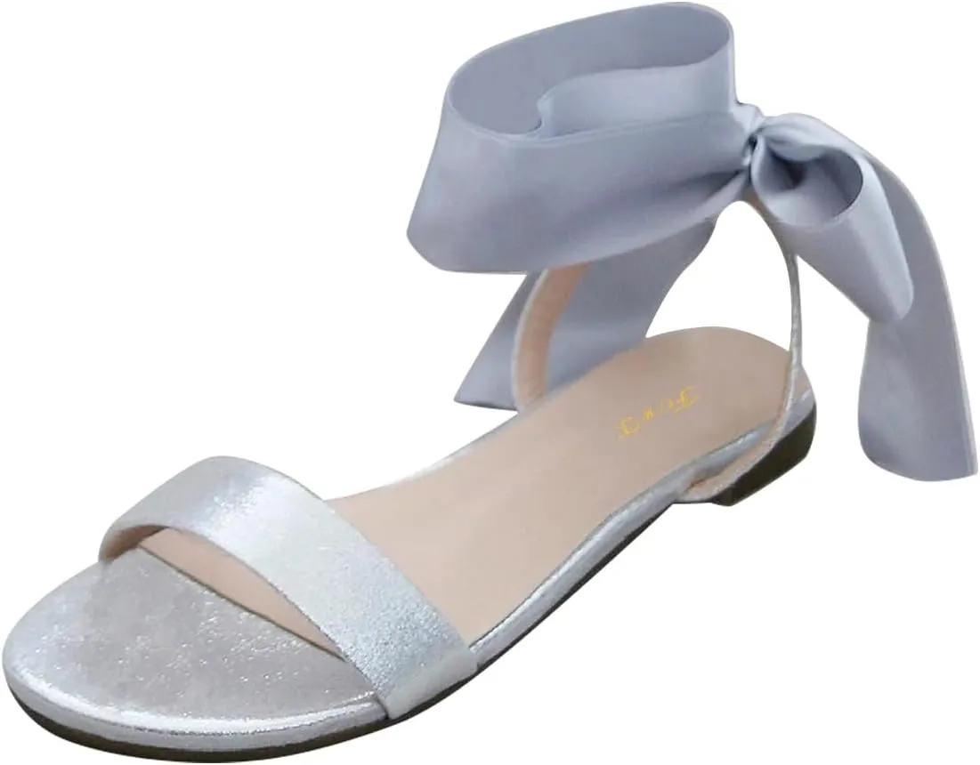 FOWT Women Round Open Toe Sandals Lace up Bow Flats Elegant Wedding Daily Formal Dressy Shoes Size 4-16 US
