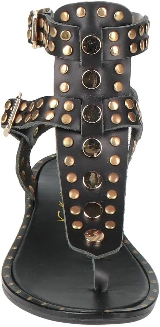 FOWT Women Round Split Toe Sandals Rivet Studded Flat Gladiators Ankle Strap Casual Street Daliy Shoes Size 4-16 US