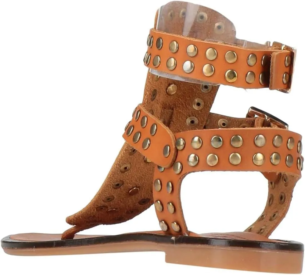 FOWT Women Round Split Toe Sandals Rivet Studded Flat Gladiators Ankle Strap Casual Street Daliy Shoes Size 4-16 US