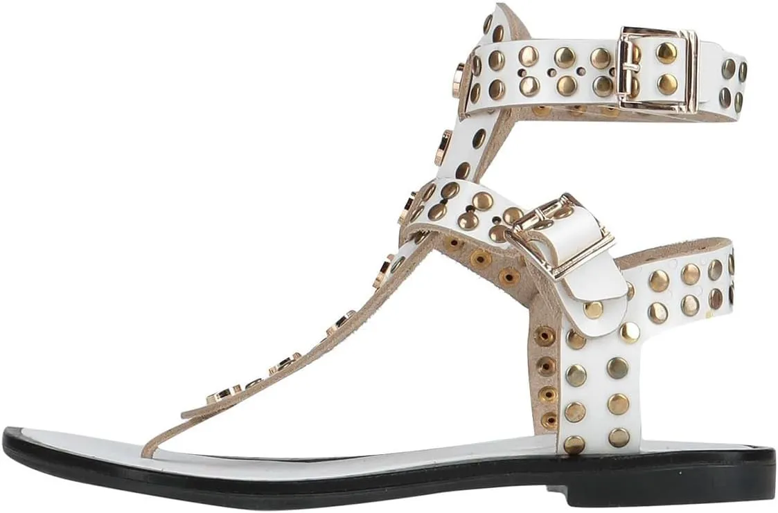 FOWT Women Round Split Toe Sandals Rivet Studded Flat Gladiators Ankle Strap Casual Street Daliy Shoes Size 4-16 US