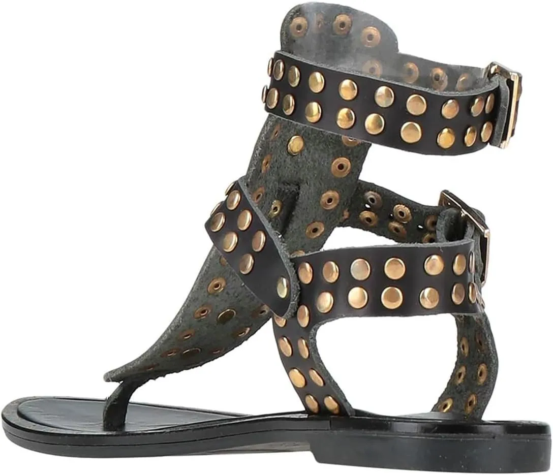 FOWT Women Round Split Toe Sandals Rivet Studded Flat Gladiators Ankle Strap Casual Street Daliy Shoes Size 4-16 US