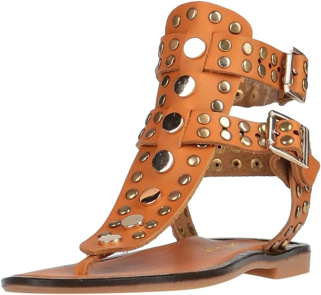 FOWT Women Round Split Toe Sandals Rivet Studded Flat Gladiators Ankle Strap Casual Street Daliy Shoes Size 4-16 US