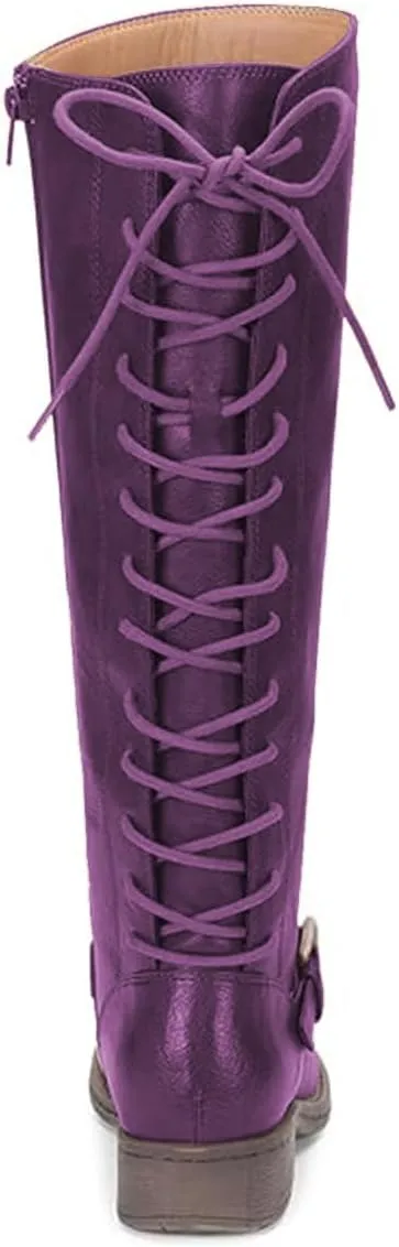 FOWT Women Round Toe Knee High Boots Lace up Low Heel Riding Boots Side Zipper Daily Outfit Casual Cowboy Shoes Size 4-16 US