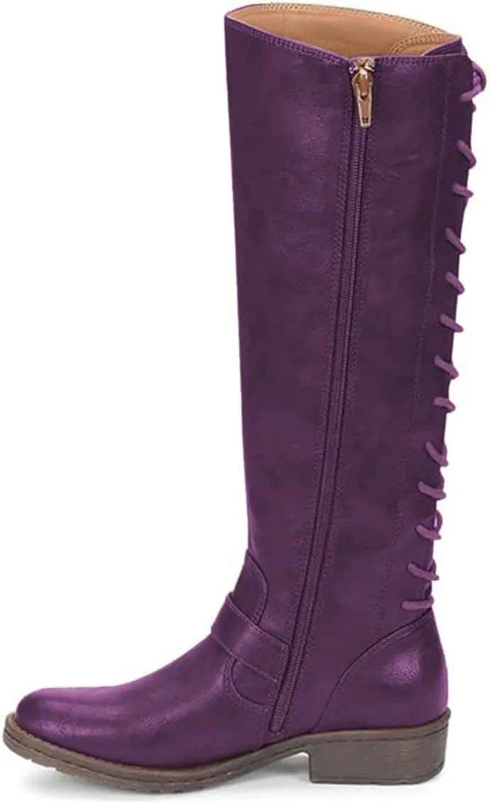 FOWT Women Round Toe Knee High Boots Lace up Low Heel Riding Boots Side Zipper Daily Outfit Casual Cowboy Shoes Size 4-16 US