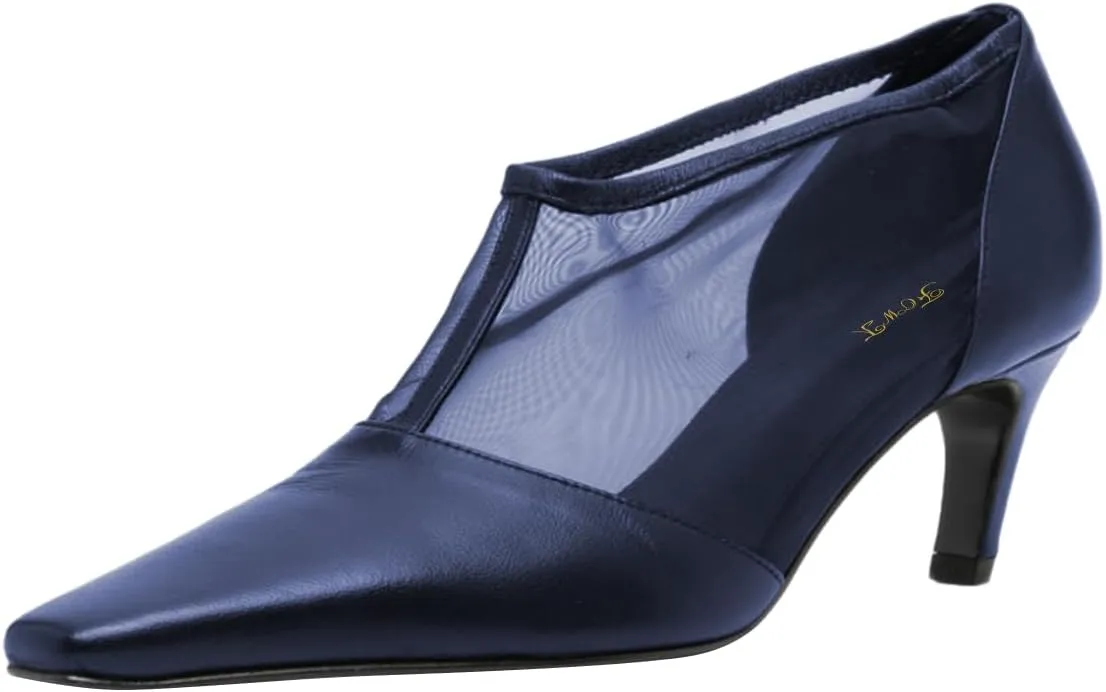 FOWT Women Sexy Mesh Square Toe Pumps Kitten Low Heel Ankle Boots Pull on Fashion Party Dance Shoes Size 4-16 US