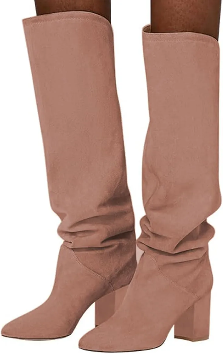 FOWT Women Slouchy Pointed Toe Knee High Boots Slip On Mid Chunky Block Heels Wide Calf Comfy Party Dress Shoes Size 4-16 US
