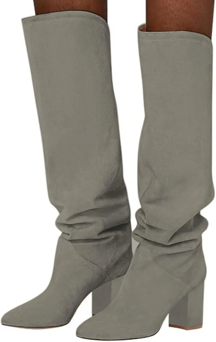 FOWT Women Slouchy Pointed Toe Knee High Boots Slip On Mid Chunky Block Heels Wide Calf Comfy Party Dress Shoes Size 4-16 US