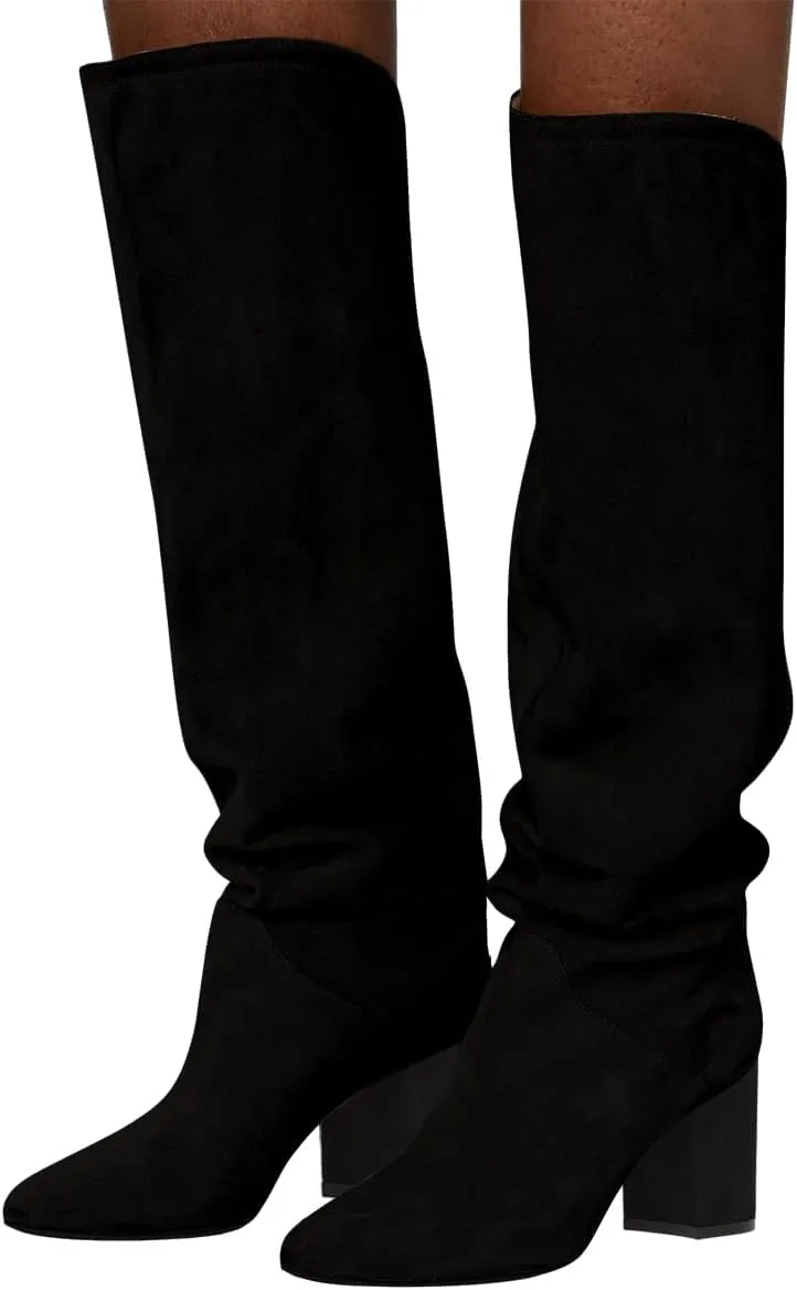 FOWT Women Slouchy Pointed Toe Knee High Boots Slip On Mid Chunky Block Heels Wide Calf Comfy Party Dress Shoes Size 4-16 US