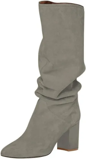 FOWT Women Slouchy Pointed Toe Knee High Boots Slip On Mid Chunky Block Heels Wide Calf Comfy Party Dress Shoes Size 4-16 US