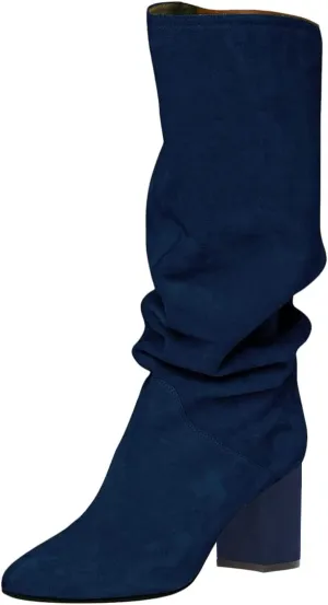 FOWT Women Slouchy Pointed Toe Knee High Boots Slip On Mid Chunky Block Heels Wide Calf Comfy Party Dress Shoes Size 4-16 US