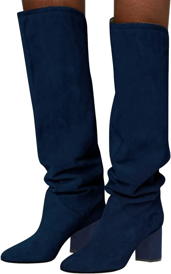 FOWT Women Slouchy Pointed Toe Knee High Boots Slip On Mid Chunky Block Heels Wide Calf Comfy Party Dress Shoes Size 4-16 US