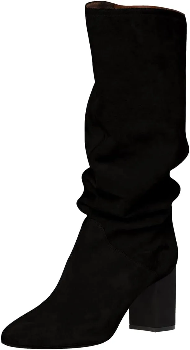 FOWT Women Slouchy Pointed Toe Knee High Boots Slip On Mid Chunky Block Heels Wide Calf Comfy Party Dress Shoes Size 4-16 US