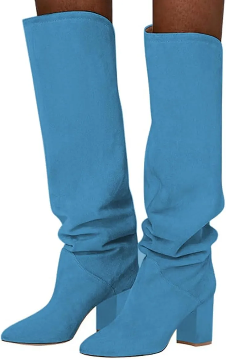 FOWT Women Slouchy Pointed Toe Knee High Boots Slip On Mid Chunky Block Heels Wide Calf Comfy Party Dress Shoes Size 4-16 US