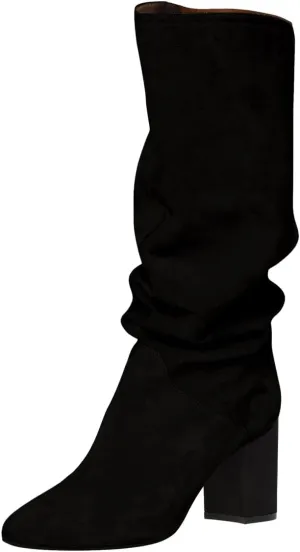 FOWT Women Slouchy Pointed Toe Knee High Boots Slip On Mid Chunky Block Heels Wide Calf Comfy Party Dress Shoes Size 4-16 US
