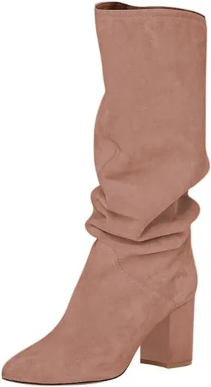 FOWT Women Slouchy Pointed Toe Knee High Boots Slip On Mid Chunky Block Heels Wide Calf Comfy Party Dress Shoes Size 4-16 US