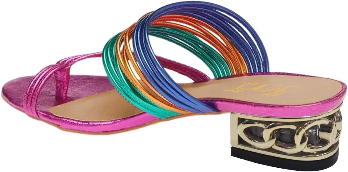 FOWT Women Split Toe Slip on Mules Gold Chunky Low Heel Flip Flops Casual Summer Outdoor Beach Slipper Shoes Size 4-15 US