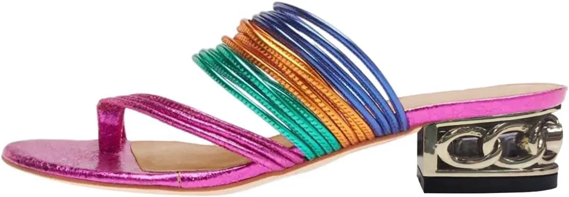 FOWT Women Split Toe Slip on Mules Gold Chunky Low Heel Flip Flops Casual Summer Outdoor Beach Slipper Shoes Size 4-15 US