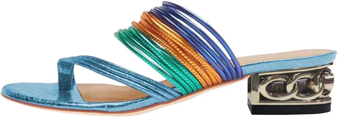 FOWT Women Split Toe Slip on Mules Gold Chunky Low Heel Flip Flops Casual Summer Outdoor Beach Slipper Shoes Size 4-15 US