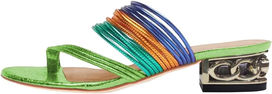 FOWT Women Split Toe Slip on Mules Gold Chunky Low Heel Flip Flops Casual Summer Outdoor Beach Slipper Shoes Size 4-15 US