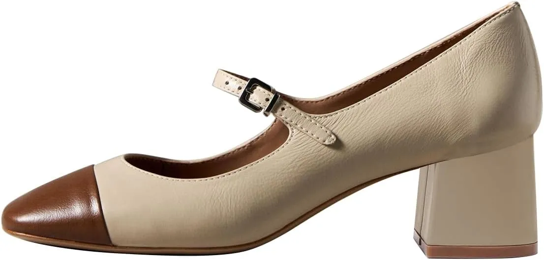 FOWT Women Sqaure Cap Toe Mary Janes Chunky Block Low Heel Pumps Fashion Two Tone Office School Daily Shoes Size 4-16 US