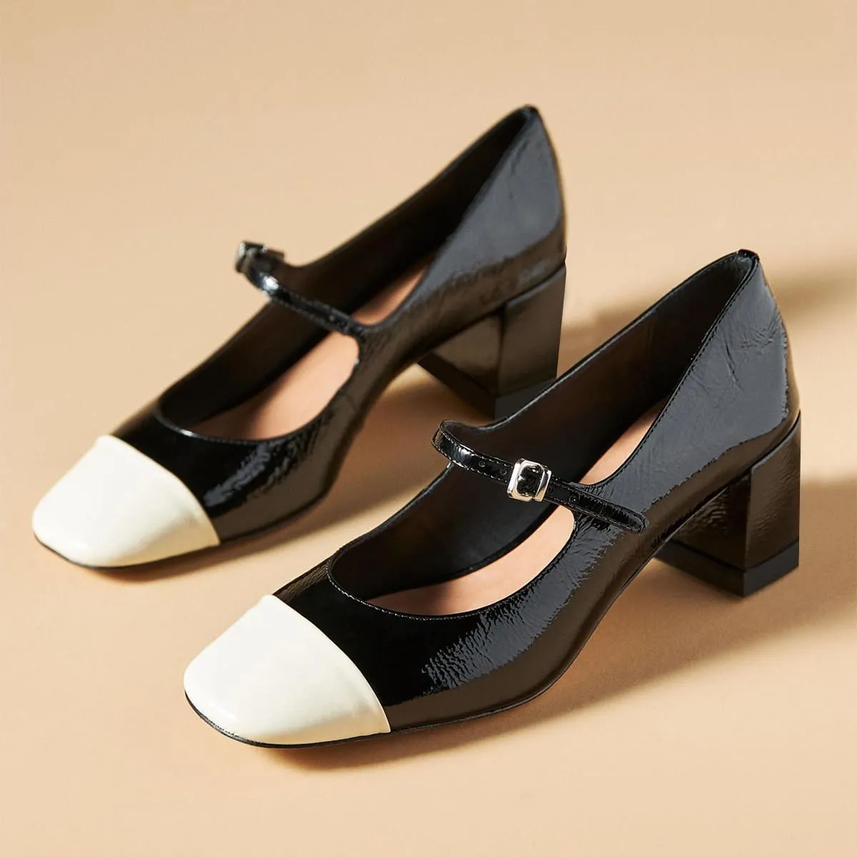 FOWT Women Sqaure Cap Toe Mary Janes Chunky Block Low Heel Pumps Fashion Two Tone Office School Daily Shoes Size 4-16 US