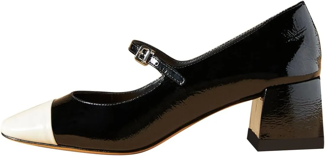 FOWT Women Sqaure Cap Toe Mary Janes Chunky Block Low Heel Pumps Fashion Two Tone Office School Daily Shoes Size 4-16 US