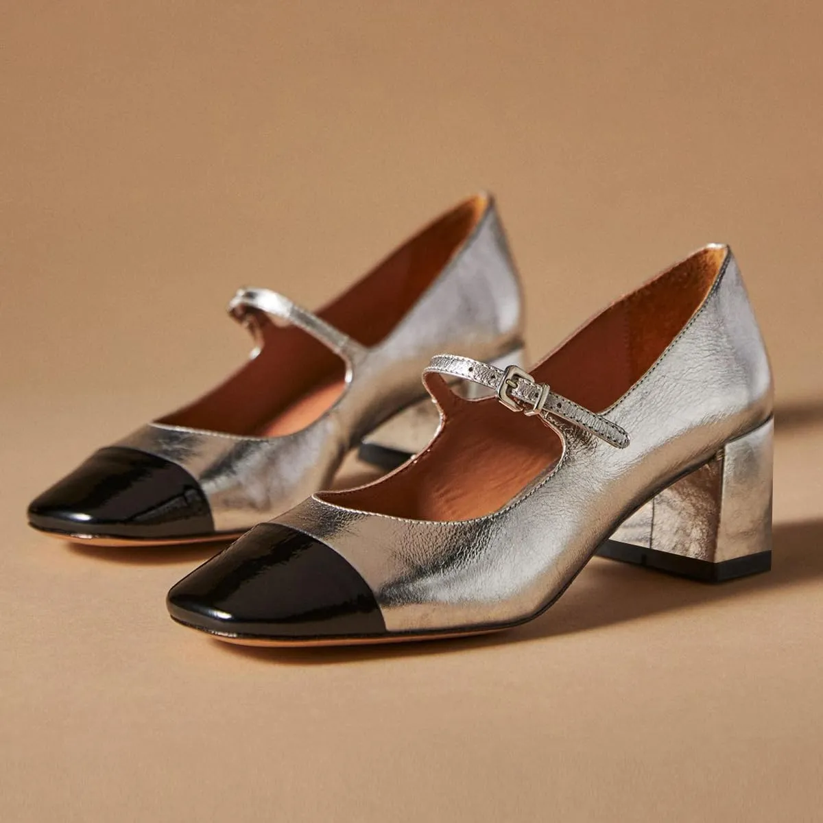 FOWT Women Sqaure Cap Toe Mary Janes Chunky Block Low Heel Pumps Fashion Two Tone Office School Daily Shoes Size 4-16 US