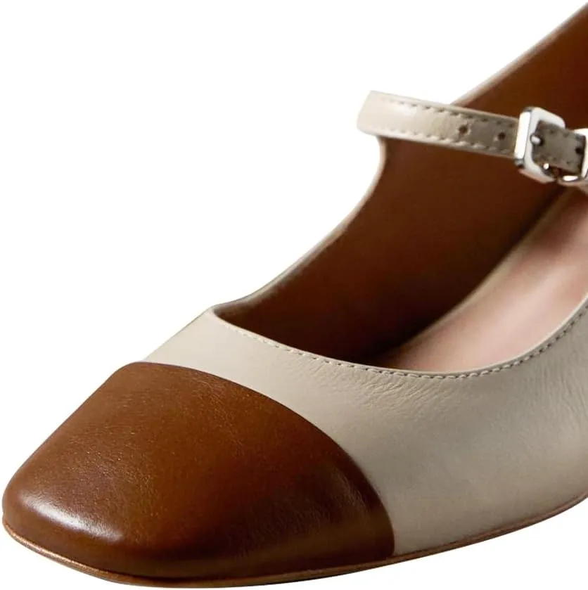 FOWT Women Sqaure Cap Toe Mary Janes Chunky Block Low Heel Pumps Fashion Two Tone Office School Daily Shoes Size 4-16 US
