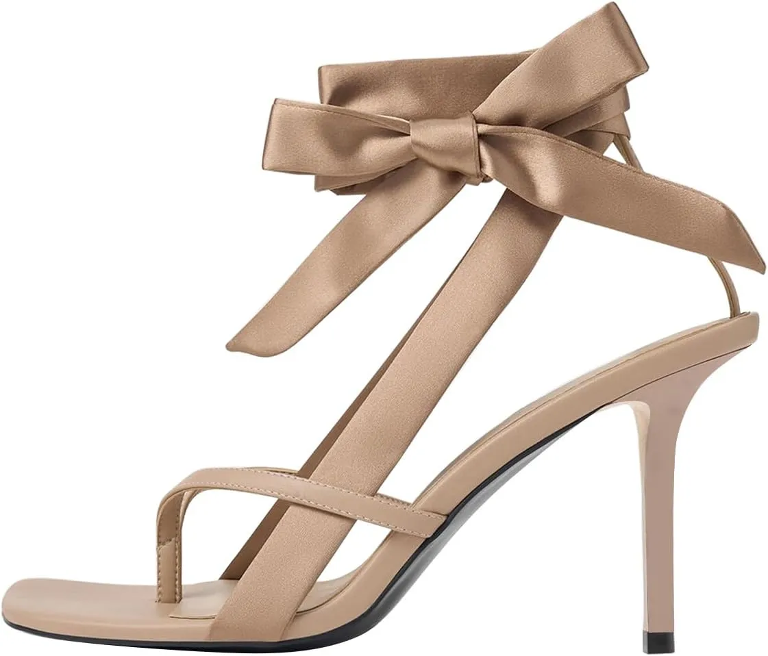 FOWT Women Sqaure Split Toe Sandals Ankle Strap Stiletto High Heels Bow Sexy Dressy Summer Party Shoes Size 4-16 US