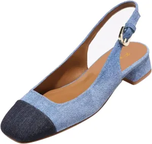 FOWT Women Square Black Cap Toe Pumps Slip on Chunky Low Heel Slingbacks Office Street Comfortable Shoes Size 4-16 US