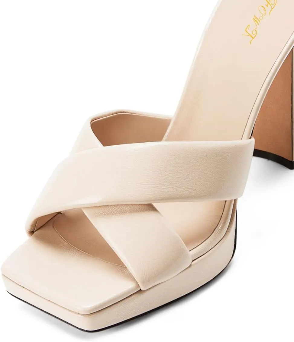 FOWT Women Square Open Toe Mules Slip on Chunky Block High Heels Platform Cross Strap Outfit Casual Shoes Size 4-16 US