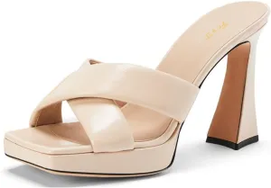 FOWT Women Square Open Toe Mules Slip on Chunky Block High Heels Platform Cross Strap Outfit Casual Shoes Size 4-16 US