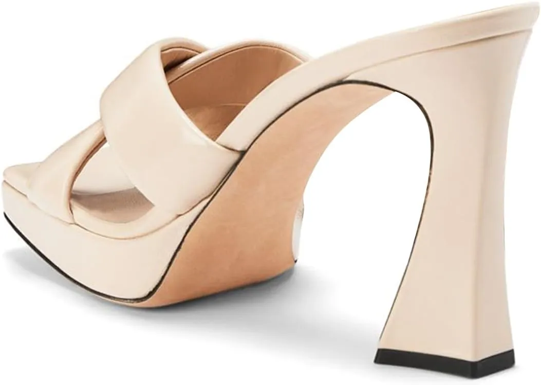 FOWT Women Square Open Toe Mules Slip on Chunky Block High Heels Platform Cross Strap Outfit Casual Shoes Size 4-16 US