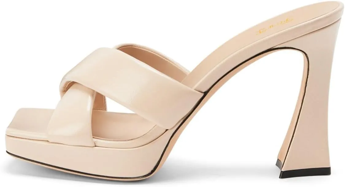 FOWT Women Square Open Toe Mules Slip on Chunky Block High Heels Platform Cross Strap Outfit Casual Shoes Size 4-16 US