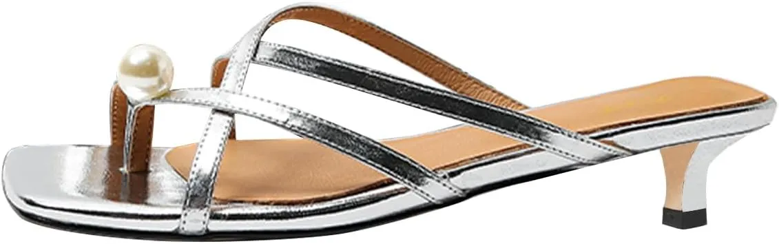 FOWT Women Square Open Toe Mules Slip on Kitten Low Heels Toe Ring Pearl Casual Indoor Outdoor Shoes Size 4-16 US